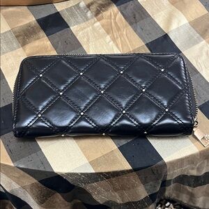 Source Unknown Black Quilted Zip-Around Wallet with Stud Detail